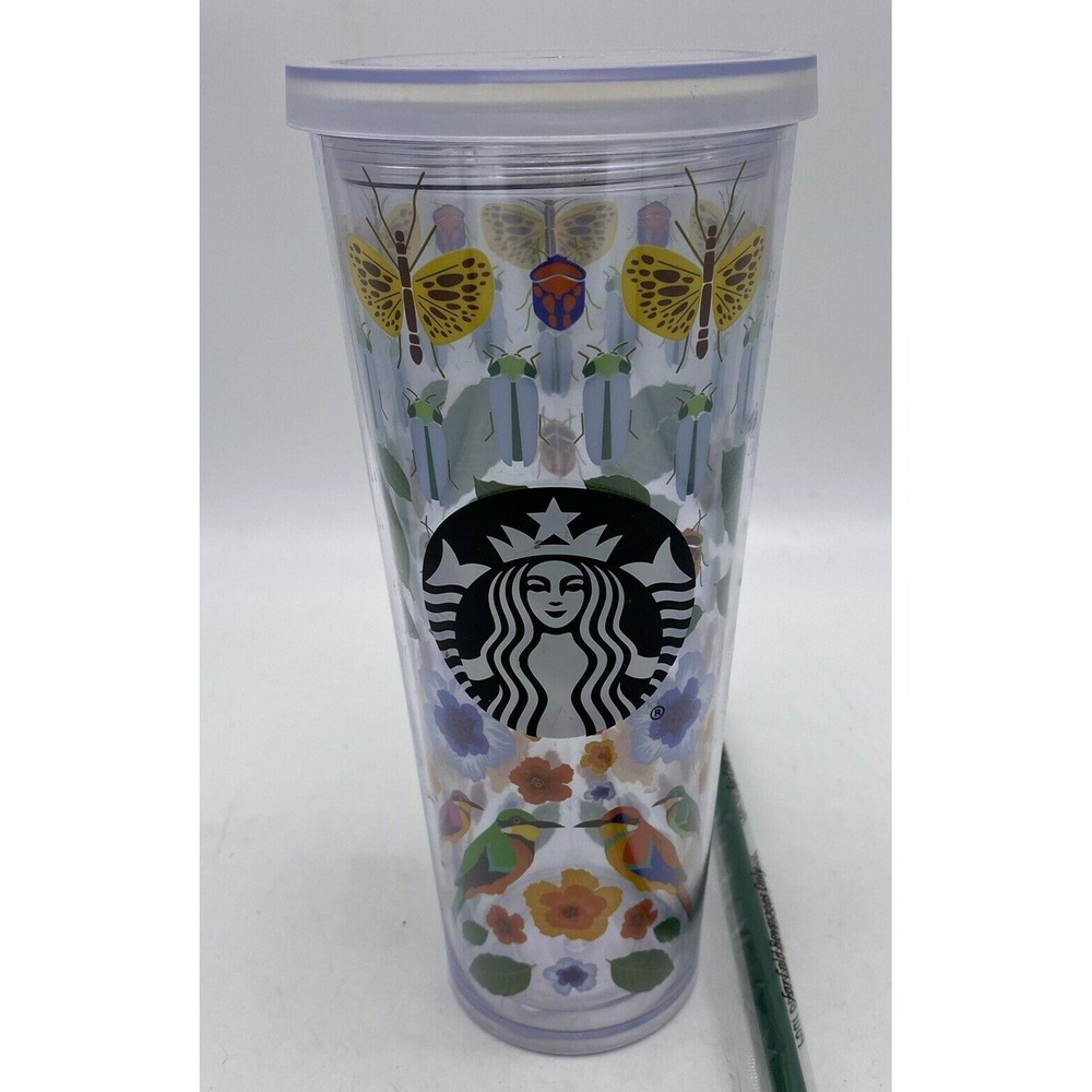 Starbucks Tumbler Spring Birds Beetles Flower Tall 24oz New Straw Butterfly Read